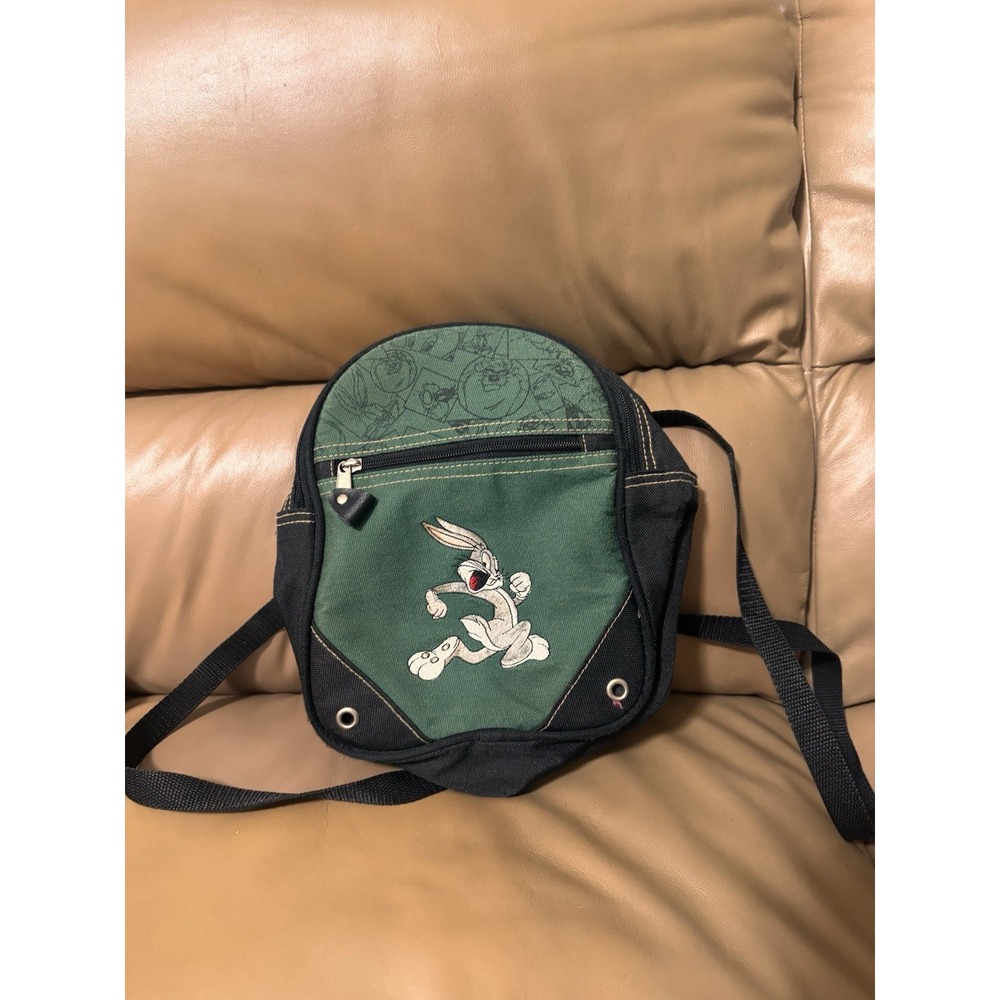 Vintage Looney Tunes Bugs Bunny Embroidered Green Backpack Purse Mini 1997 Black - Picture 1 of 15